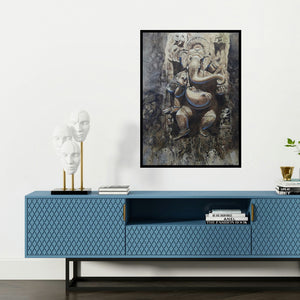 'Lord Ganesha (Ancient Echoes)' painting by Atul Gendle shown on a wall in a furnished room.