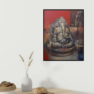 Atul Gendle's 'Lord Ganesha (Ganesha Idol) (Ganesha Crimson Sanctuary)' painting visualized above a sofa in a contemporary room.
