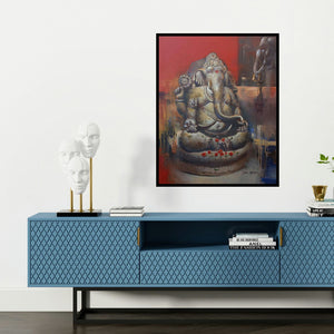 'Lord Ganesha (Ganesha Idol) (Ganesha Crimson Sanctuary)' painting by Atul Gendle shown on a wall in a furnished room.