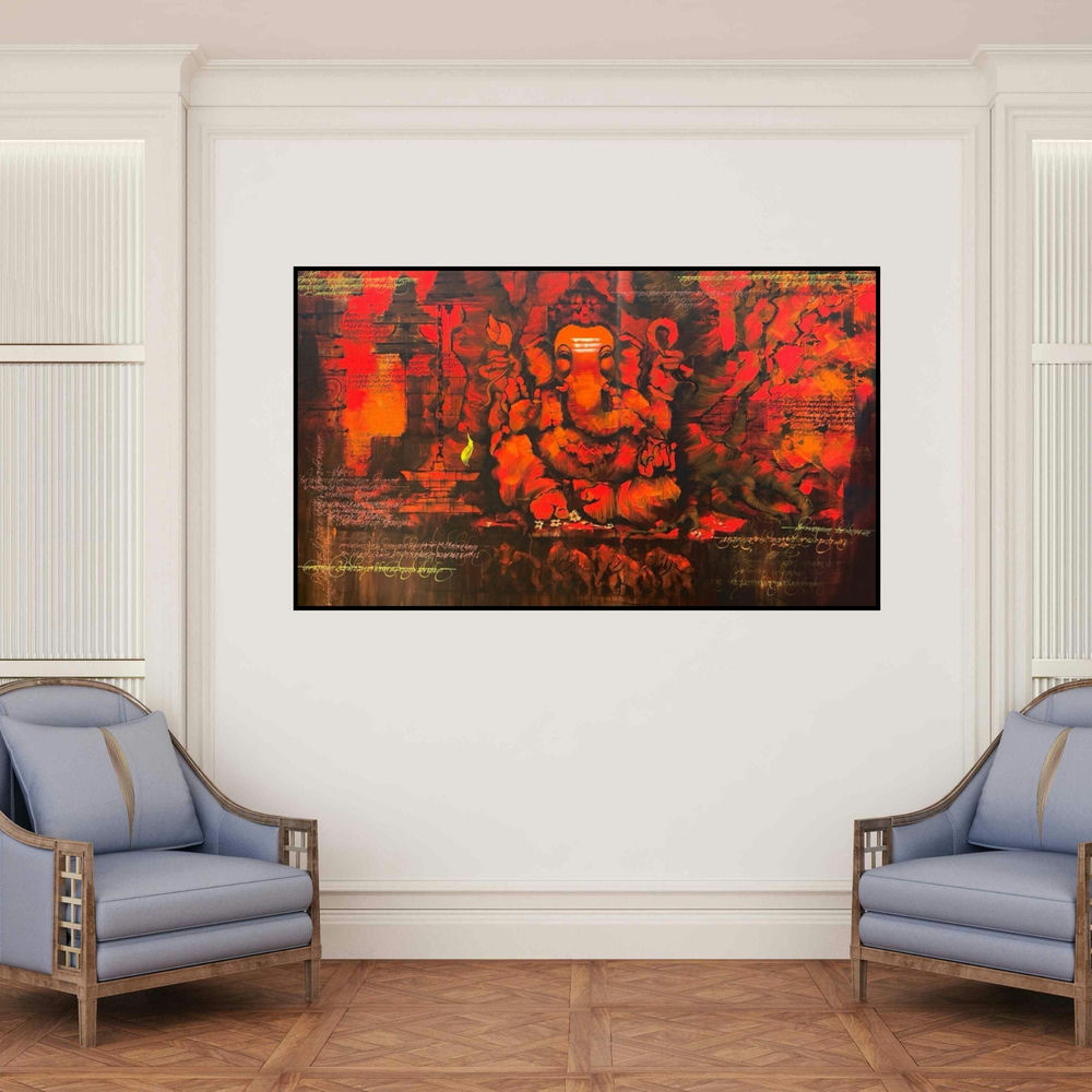 'Lord Ganesha (Ganesha's Crimson Glow)' painting by Sandeep Chhatraband shown on a wall in a furnished room.