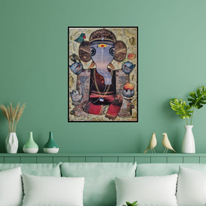 Preview of 'Lord Ganesha (Ganesha: A Collage of Devotion)' Painting by G Subramanian shown on a wall in a furnished room.