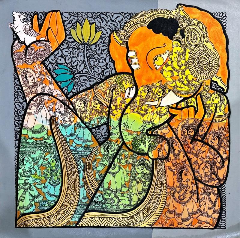 Religious acrylic painting titled 'Lord Ganesha', 28x28 inches, by artist Ramesh Gorjala on Canvas