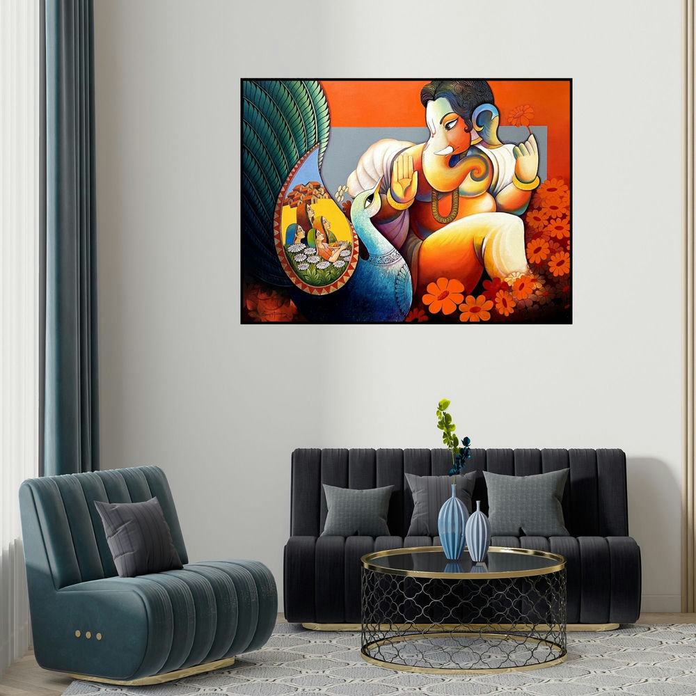 'Lord Ganesha (Ganesha's Divine Blessing)' painting by Sanjay Tandekar shown on a wall in a furnished room.