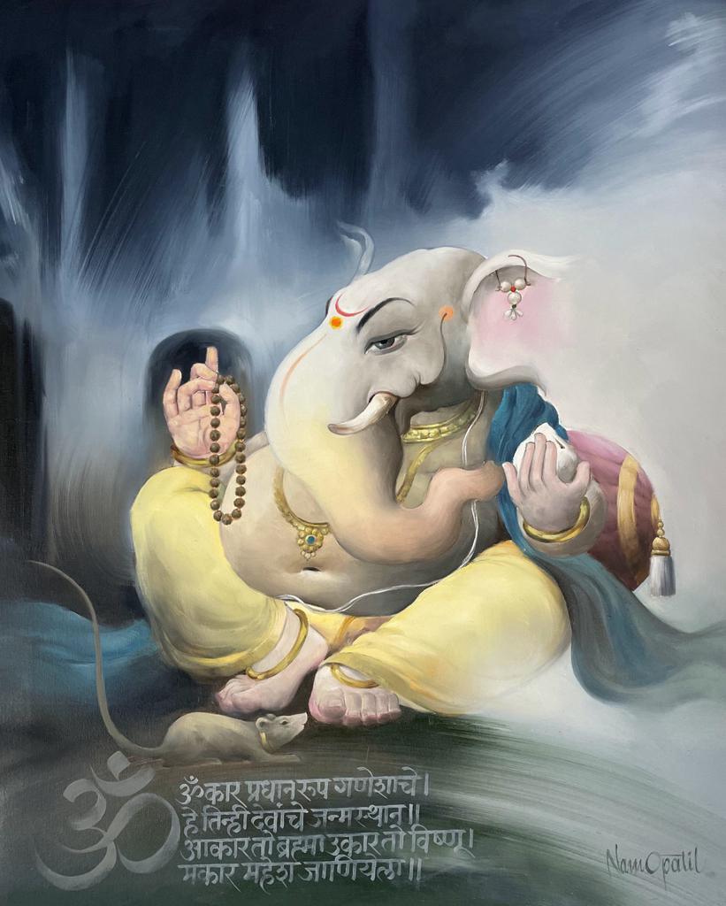 Religious oil painting titled 'Lord Ganesha', 42x34 inches, by artist Namdev Patil on Canvas