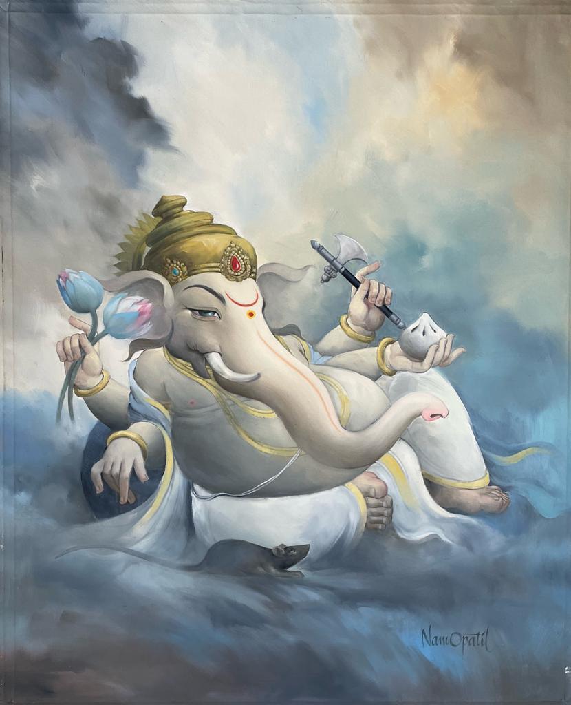 Religious oil painting titled 'Lord-ganesha', 44x36 inches, by artist Namdev M Patil on Canvas