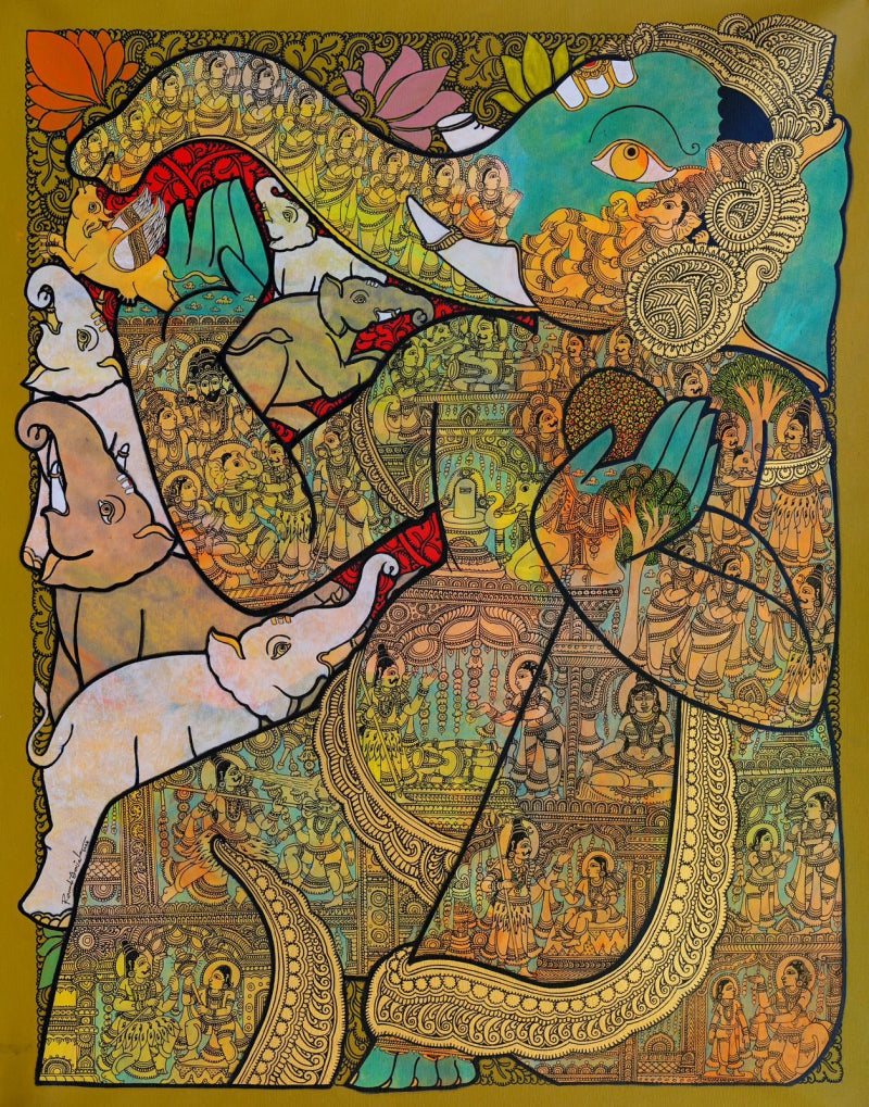 Religious acrylic painting titled 'Lord Ganesha', 48x36 inch, by artist Ramesh Gorjala on Canvas