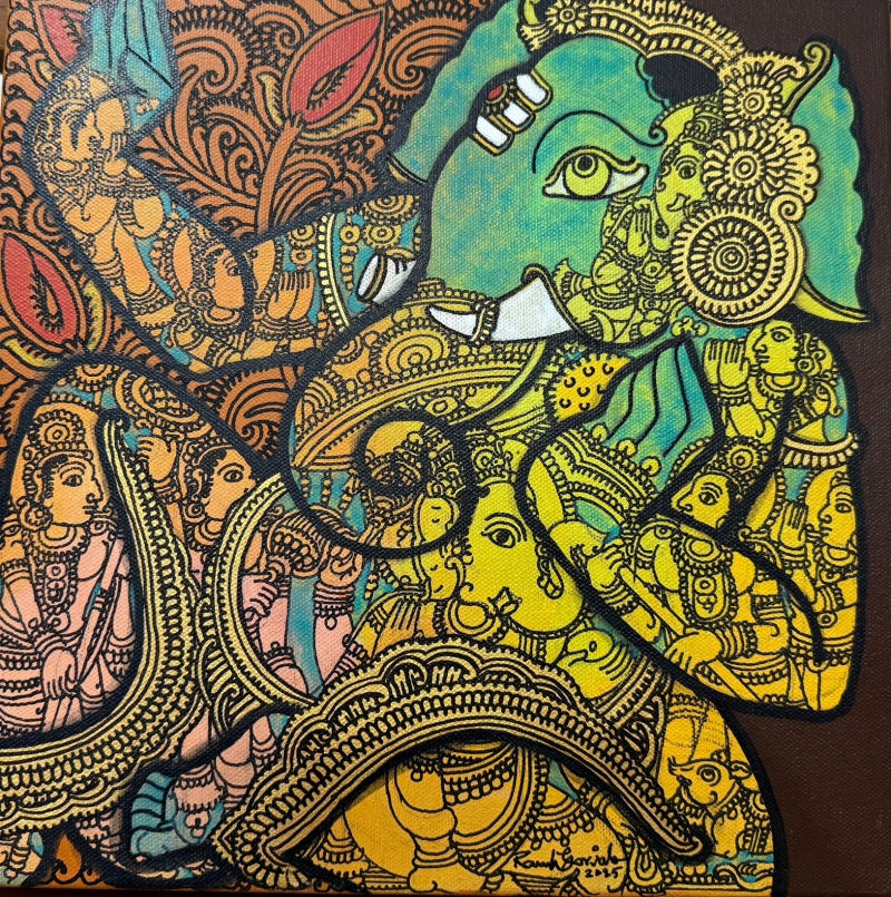 'Lord Ganesha' religious acrylic painting by artist Ramesh Gorjala, 12x12 inch, on canvas