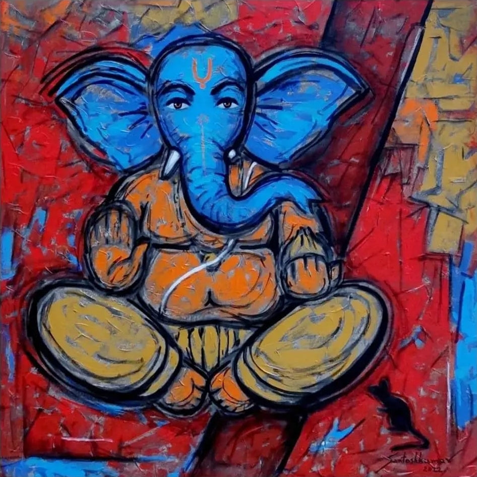 'Lord Ganesha' religious acrylic painting by artist Santoshkumar Patil, 30x30 inch, on canvas