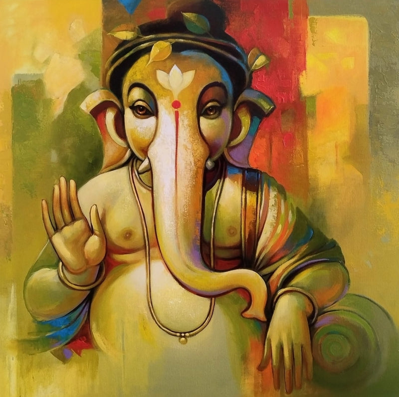 'Lord Ganesha' religious acrylic painting by artist Sanjay Lokhande, 30x30 inch, on canvas