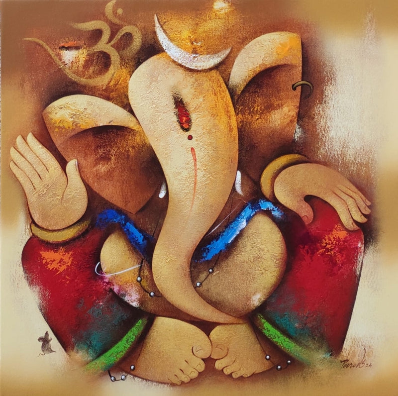'Lord Ganesha' religious acrylic painting by artist Paras Parmar, 24x24 inch, on canvas