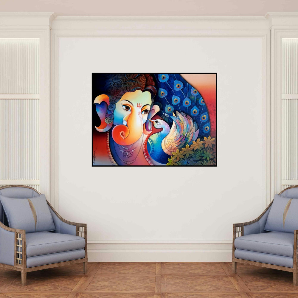 'Lord Ganesha 9 (Ganesha and the Peacock)' painting by Sanjay Tandekar shown on a wall in a furnished room.