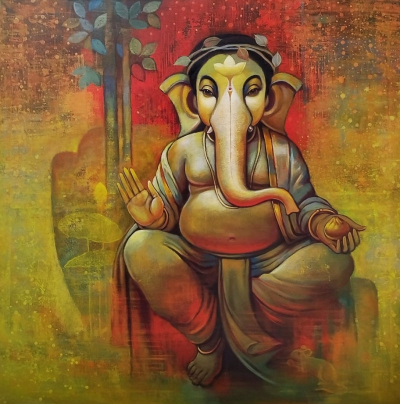 'Lord Ganesha In A Meditative Pose' religious acrylic painting by artist Sanjay Lokhande, 48x48 inch, on canvas