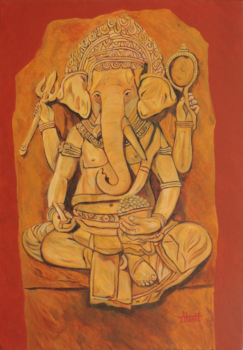 Lord Ganesha In Pensive Mood' religious oil painting by artist Ajay Harit, 36x24 inch, on canvas