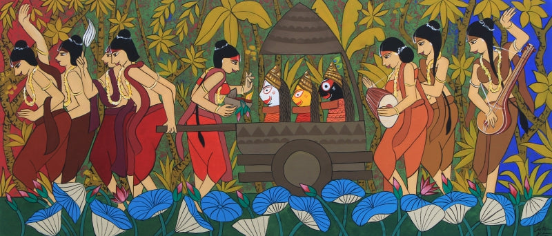 Lord Jagnnath Procession' religious acrylic painting by artist Chetan Katigar, 27x58 inch, on canvas