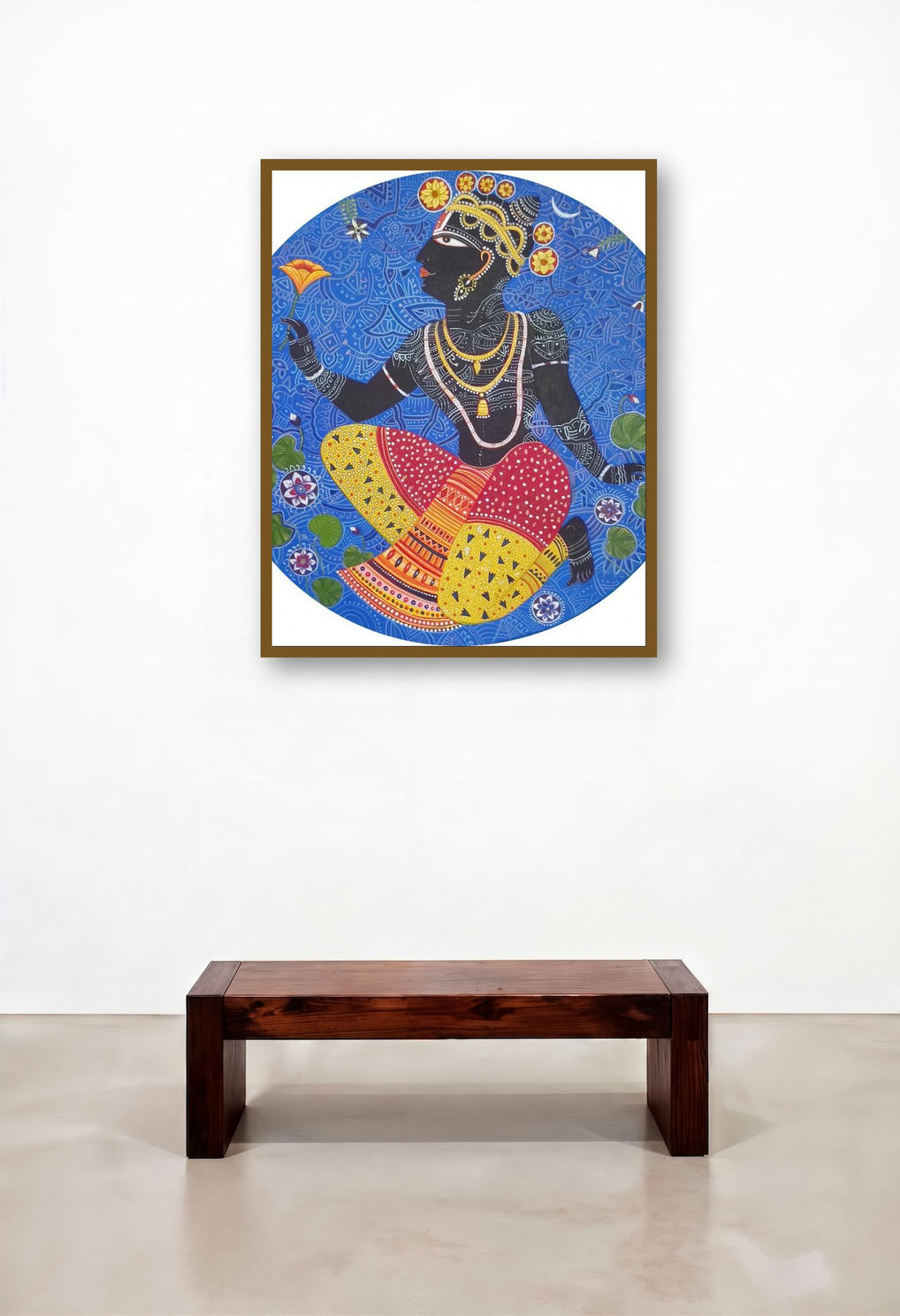 Lord Krishna 1 (Krishna and the Lotus Flower) by artist Bhaskar Lahiri displayed in a Transitional Hotel Suite