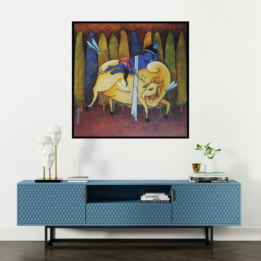 'Lord Krishna (Krishna's Slumber)' painting by Sujit Giram shown on a wall in a furnished room.