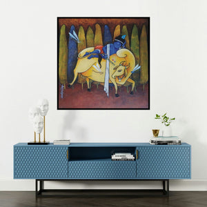 'Lord Krishna (Krishna's Slumber)' painting by Sujit Giram shown on a wall in a furnished room.