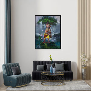 Preview of 'Lord Krishna (Govardhan Giridhari)' Painting by Bijay Biswaal shown on a wall in a furnished room.
