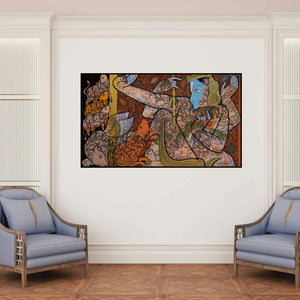 'Lord Krishna (Krishna's Cosmic Dance)' painting by Ramesh Gorjala shown on a wall in a furnished room.