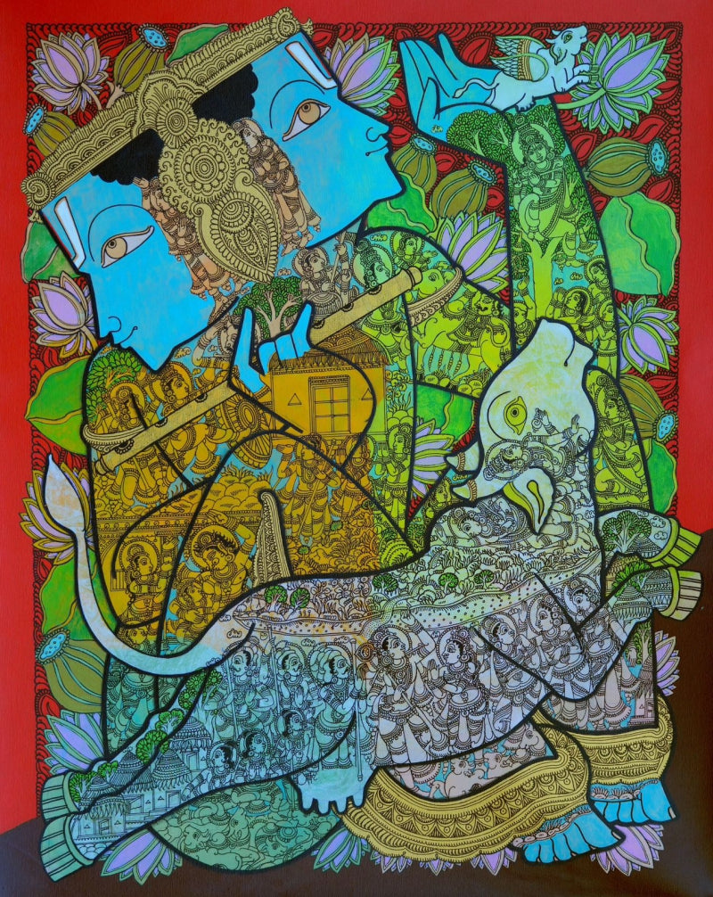 'Lord Krishna 2' religious acrylic painting by artist Ramesh Gorjala, 42x33 inch, on canvas