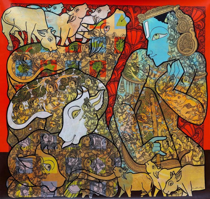 Religious acrylic painting titled 'Lord Krishna', 50x48 inches, by artist Ramesh Gorjala on Canvas