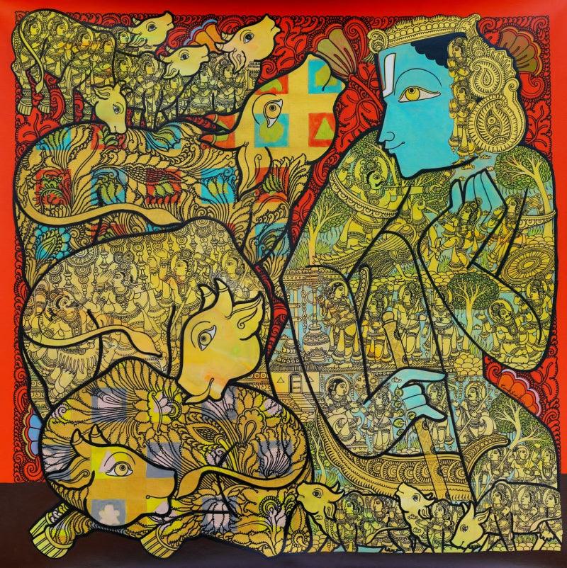 Religious acrylic painting titled 'Lord Krishna', 42x42 inches, by artist Ramesh Gorjala on Canvas