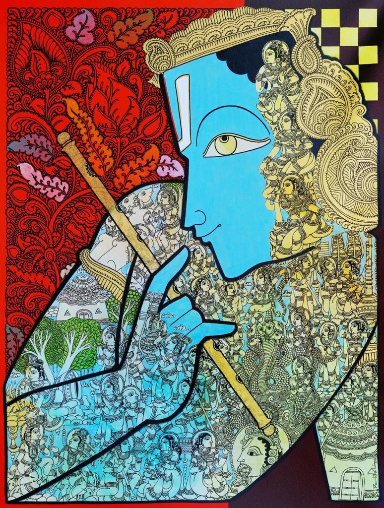 Religious acrylic painting titled 'Lord Krishna', 36x24 inch, by artist Ramesh Gorjala on Canvas