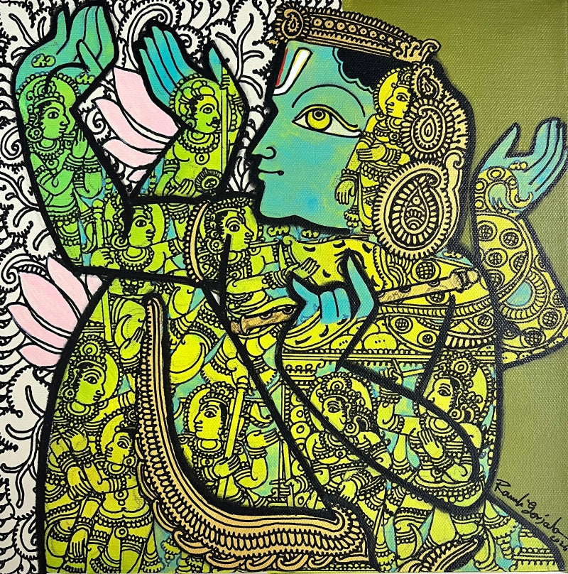'Lord Krishna' religious acrylic painting by artist Ramesh Gorjala, 12x12 inch, on canvas