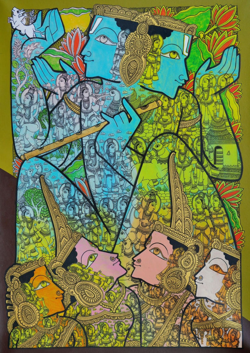 'Lord Krishna' religious acrylic painting by artist Ramesh Gorjala, 40x30 inch, on canvas