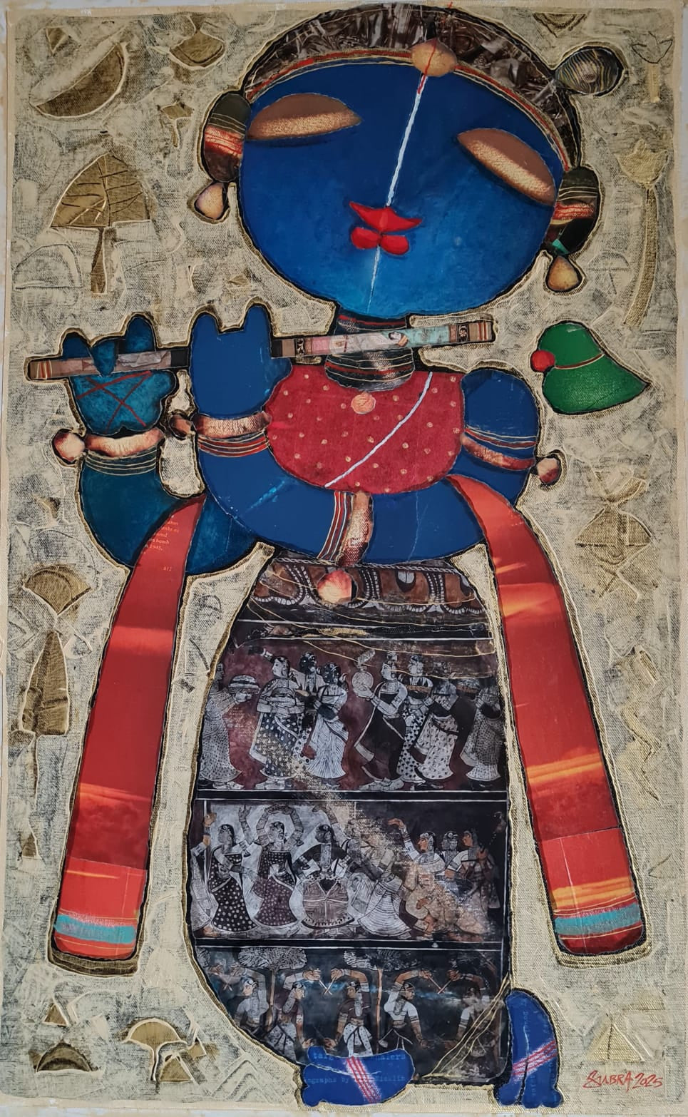 'Lord Krishna' religious mixed-media painting by artist G Subramanian, 29x18 inch, on canvas