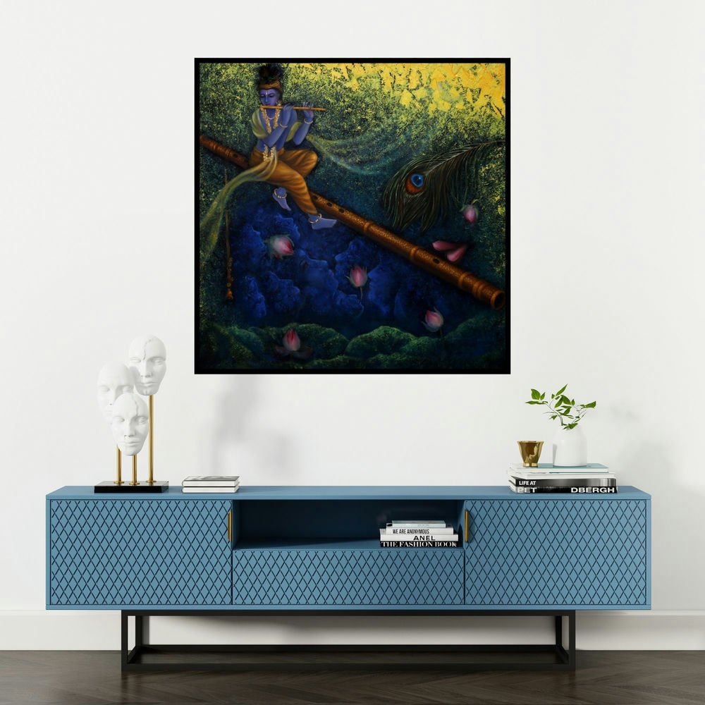 'Lord Krishna (Nature's Serenade)' painting by Rakhi Baid shown on a wall in a furnished room.