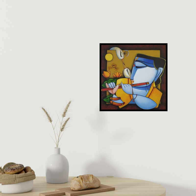 In-situ view of Arvind R Mahajan's 'Lord Krishna (Krishna with Birds)' painting in a room