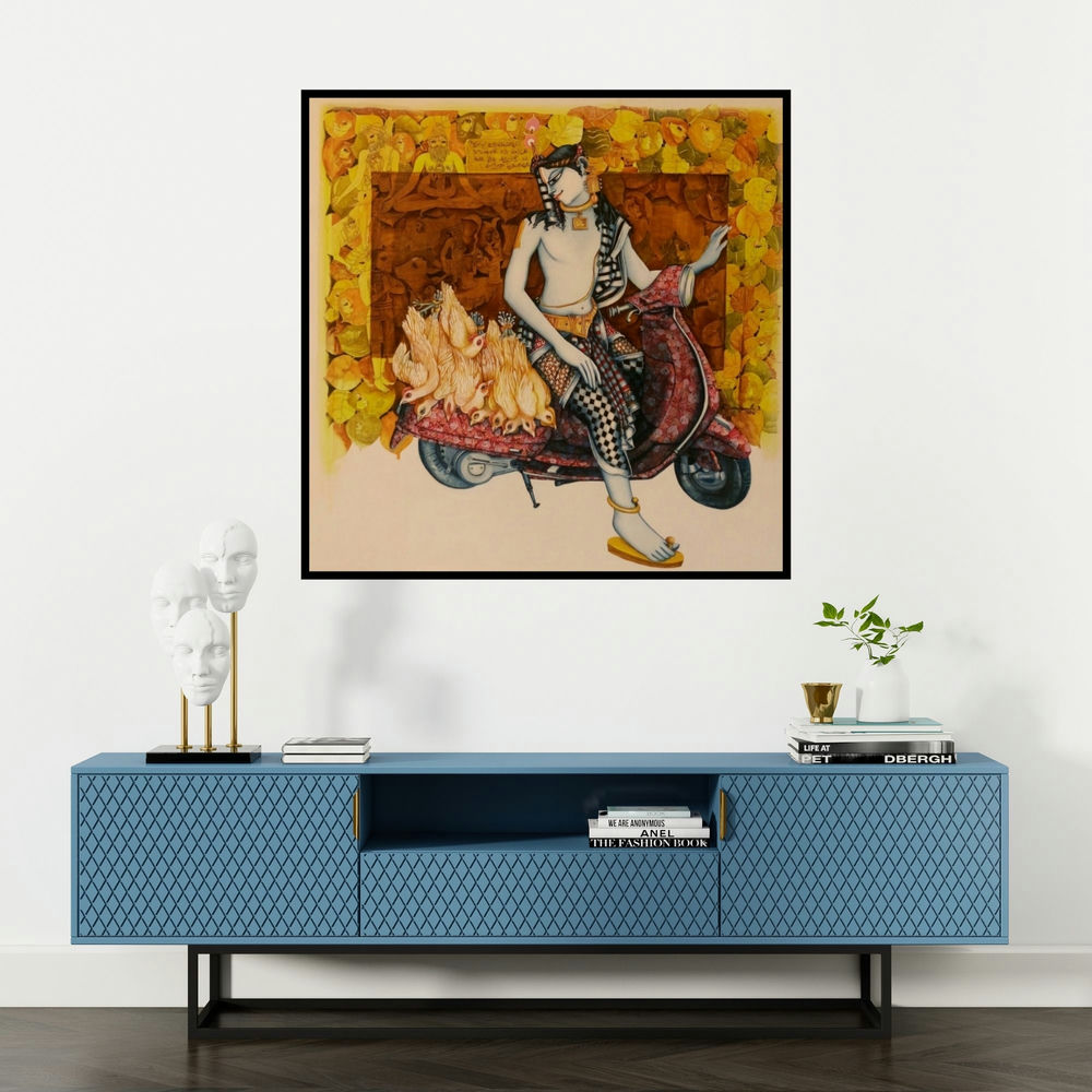 'Lord Krishna (Krishna on a Scooter)' painting by Saraswathi Lingampally shown on a wall in a furnished room.