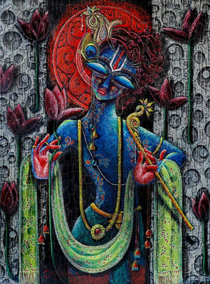 Religious acrylic painting titled 'Lord krishna (Banke Bihari Ji)', 48x36 inches, by artist Anil K Vishwa on Canvas