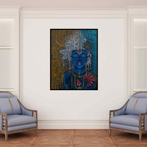 In-situ view of Anil Kumar Vishwakarma's 'Lord Krishna (Kamal Nayan) (Divine Love Krishna and the Lotus)' painting in a room