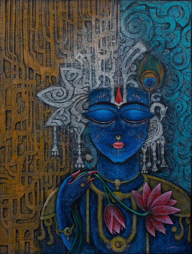 Religious acrylic painting titled 'Lord Krishna (Kamal Nayan)', 48x36 inches, by artist Anil K Vishwa on Canvas