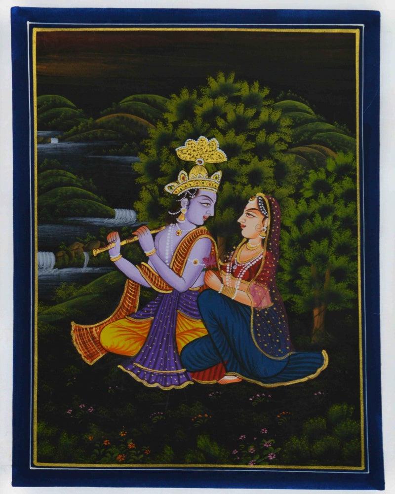 Religious miniature traditional art titled 'Lord Krishna Playing Bansuri With Radha', 15x11 inches, by artist Unknown on Silk