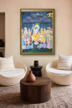 Lord Krishna With Cow (Urban Canvas) by artist Rajendra Khanna displayed in a Designer gallery