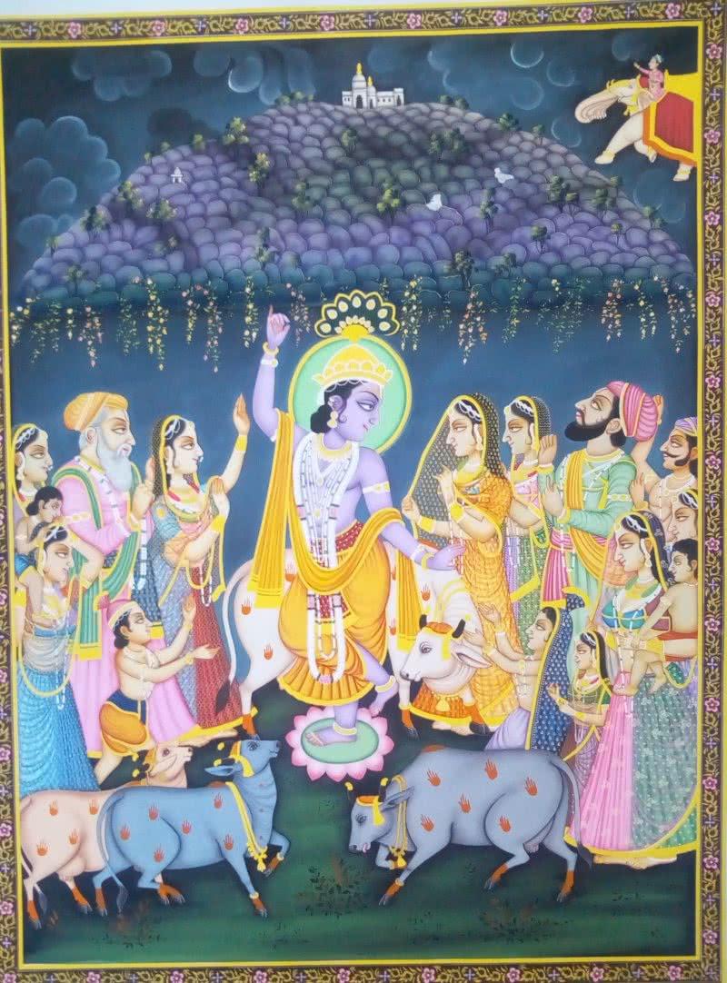 Religious tribal painting titled 'Lord Krishna with Cow', 36x24 inches, by artist Rajendra Khanna on Cloth