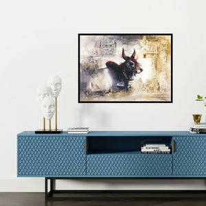 Preview of 'The Lord (Guardian of the Temple)' Painting by Kudalayya Hiremath shown on a wall in a furnished room.