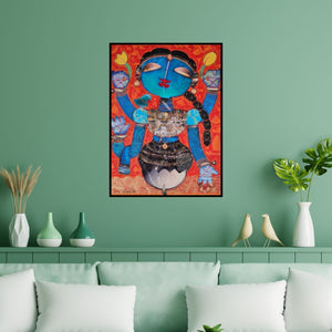 Preview of 'Lord Lakshmi (Lakshmi: Cosmic Abundance)' Painting by G Subramanian shown on a wall in a furnished room.