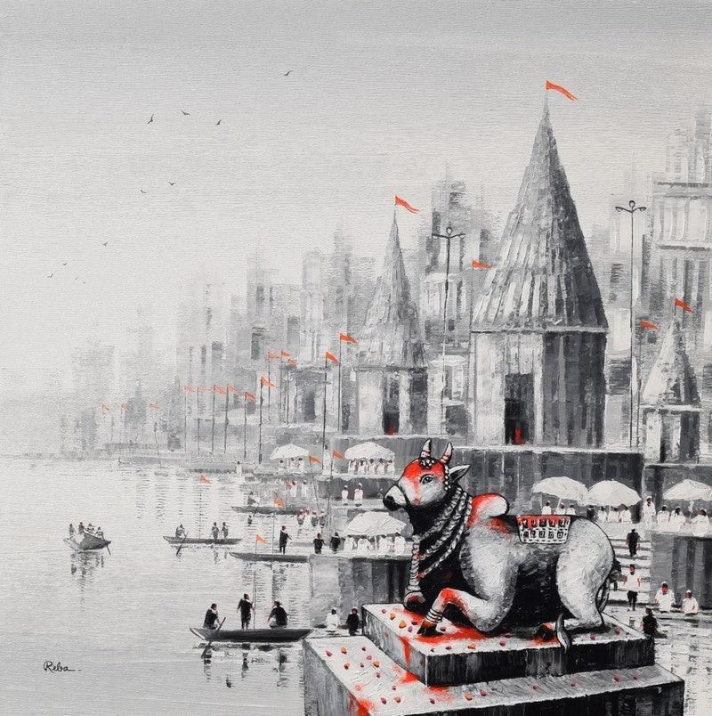 Cityscape acrylic painting titled 'Lord Nandi At Banaras Ghat 2', 30x30 inches, by artist Reba Mandal on Canvas