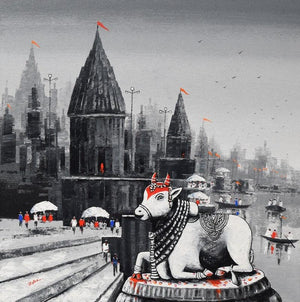 Cityscape acrylic painting titled 'Lord Nandi At Banaras Ghat 3', 30x30 inches, by artist Reba Mandal on Canvas