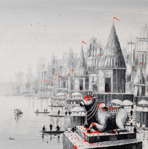 In-situ view of Reba Mandal's 'Lord Nandi At Banaras Ghat 2' painting in a room
