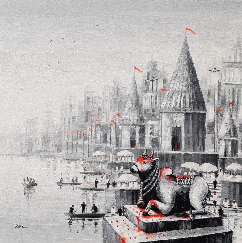 In-situ view of Reba Mandal's 'Lord Nandi At Banaras Ghat 2' painting in a room