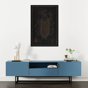 Preview of 'Pichwai (Shrinathji's Golden Majesty)' Painting by Pichwai shown on a wall in a furnished room.