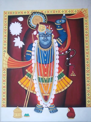 Lord Sreenath (Divine Aura) by Rajendra Khanna, Original Tribal Religious Painting on Cloth, Medium Vertical Wall Art