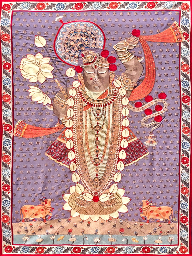 Lord Sreenathji' religious pichwai Traditional Art by artist Ana, 48x36 inch, on cloth