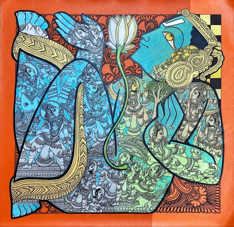 Religious acrylic painting titled 'Lord Vishnu', 28x28 inches, by artist Ramesh Gorjala on Canvas