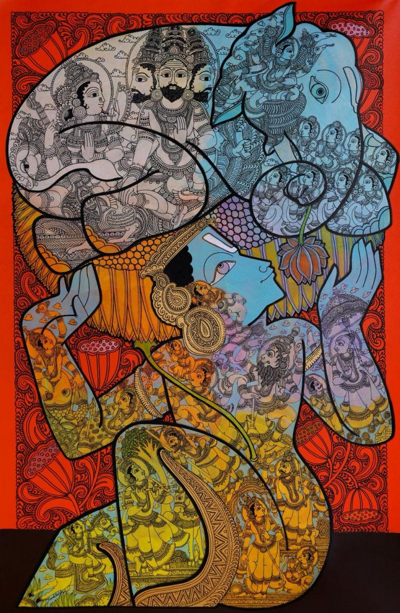 Religious acrylic painting titled 'Lord Vishnu', 60x36 inches, by artist Ramesh Gorjala on Canvas